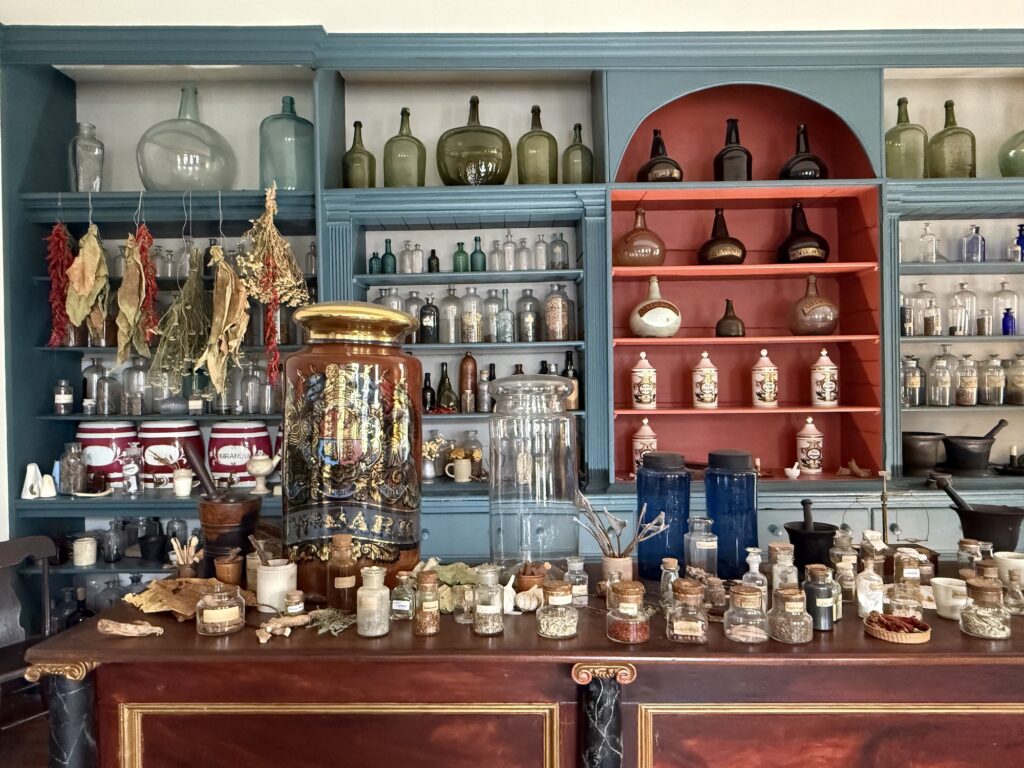 Old-fashioned apothecary shop with shelves of glass bottles, jars, and herbs&mdash;a unique stop for things to do in Fredericksburg with kids, featuring a counter displaying various containers and medicinal items.