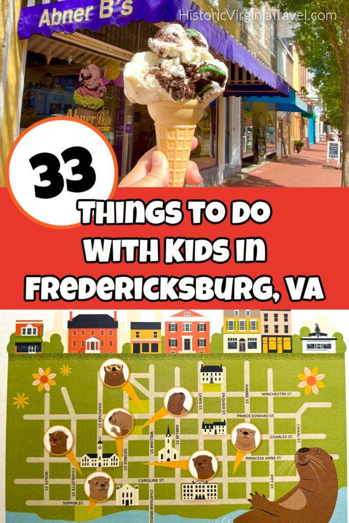Hand holding an ice cream cone in front of Abner B's shop, colorful storefronts, and a map illustration, highlighting fun things to do in Fredericksburg with kids&mdash;explore 33 exciting family-friendly activities!.