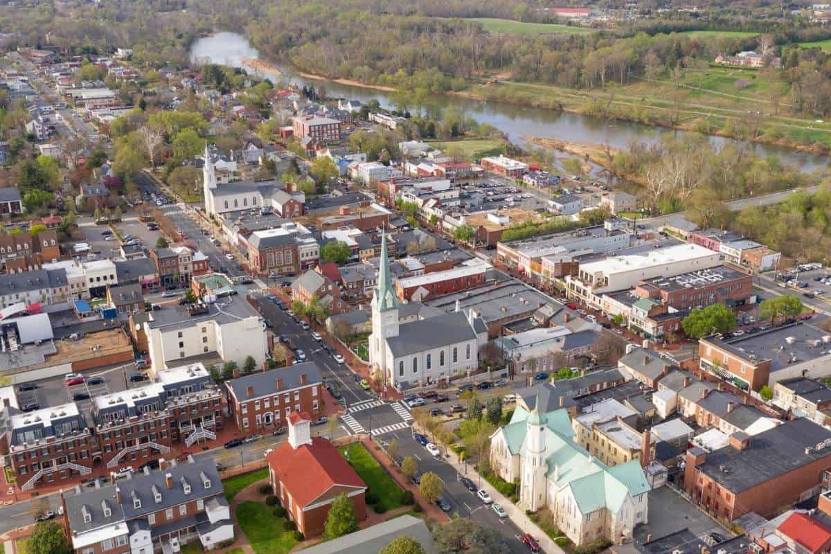 overhead view of downtown fredericksburg showing churches, shops, and streets