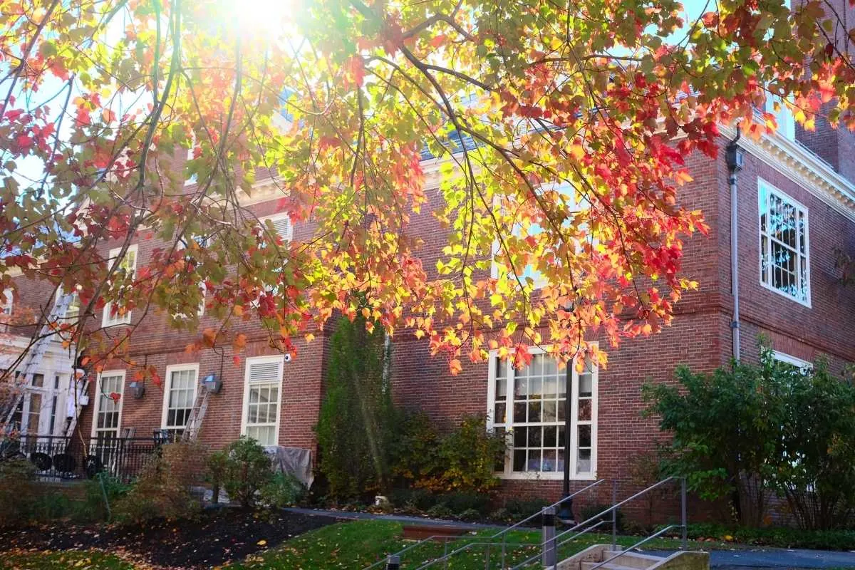 brick college building in fall