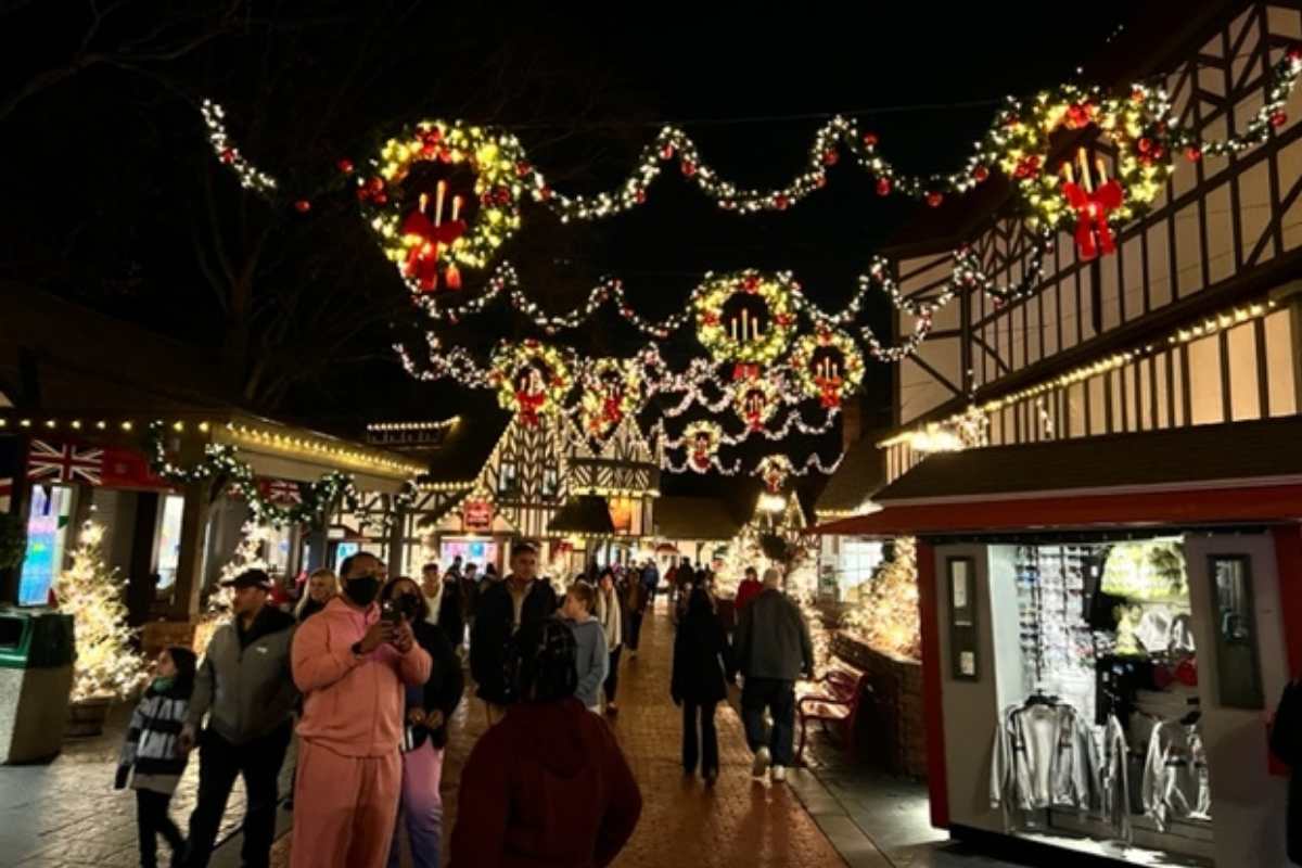 holiday lighhts at night in crowded area