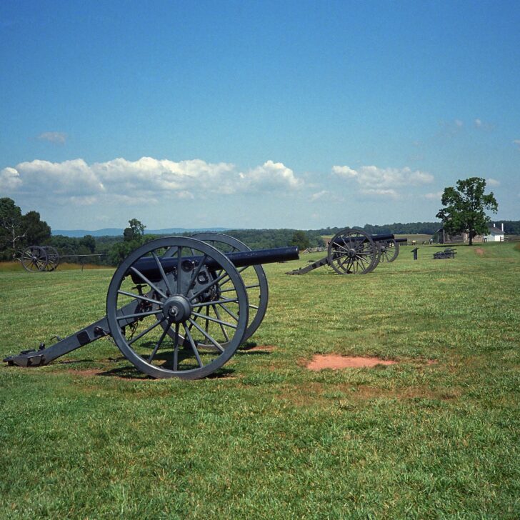 Historic cannons are displayed on a grassy field under a clear sky, with two people walking in the distance.