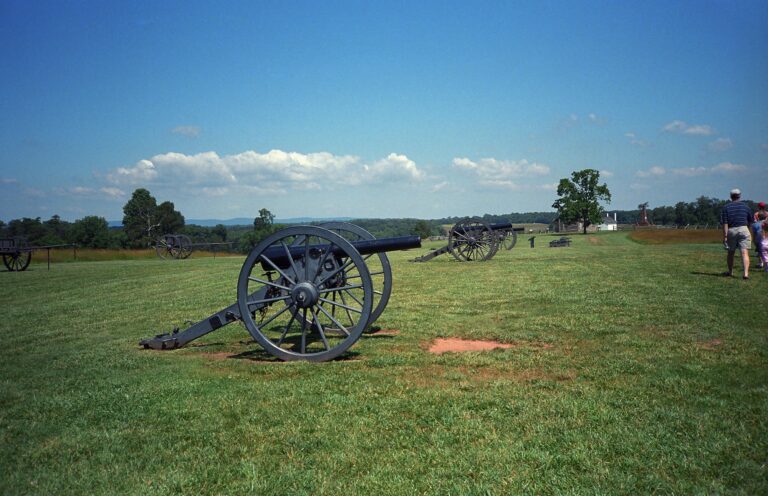 Historic cannons are displayed on a grassy field under a clear sky, with two people walking in the distance.