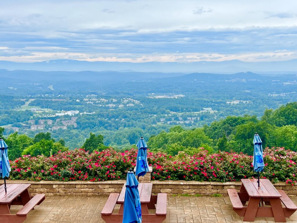Wooden picnic tables with closed blue umbrellas overlook a scenic valley with distant mountains, lush greenery, and pink flowers in the foreground under a cloudy sky.