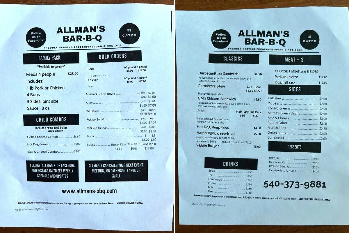 two pages of paper with black text for menu