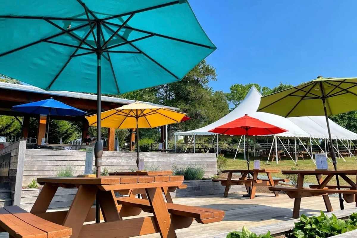 wooden patio with picnic tables and colorful umbrellas