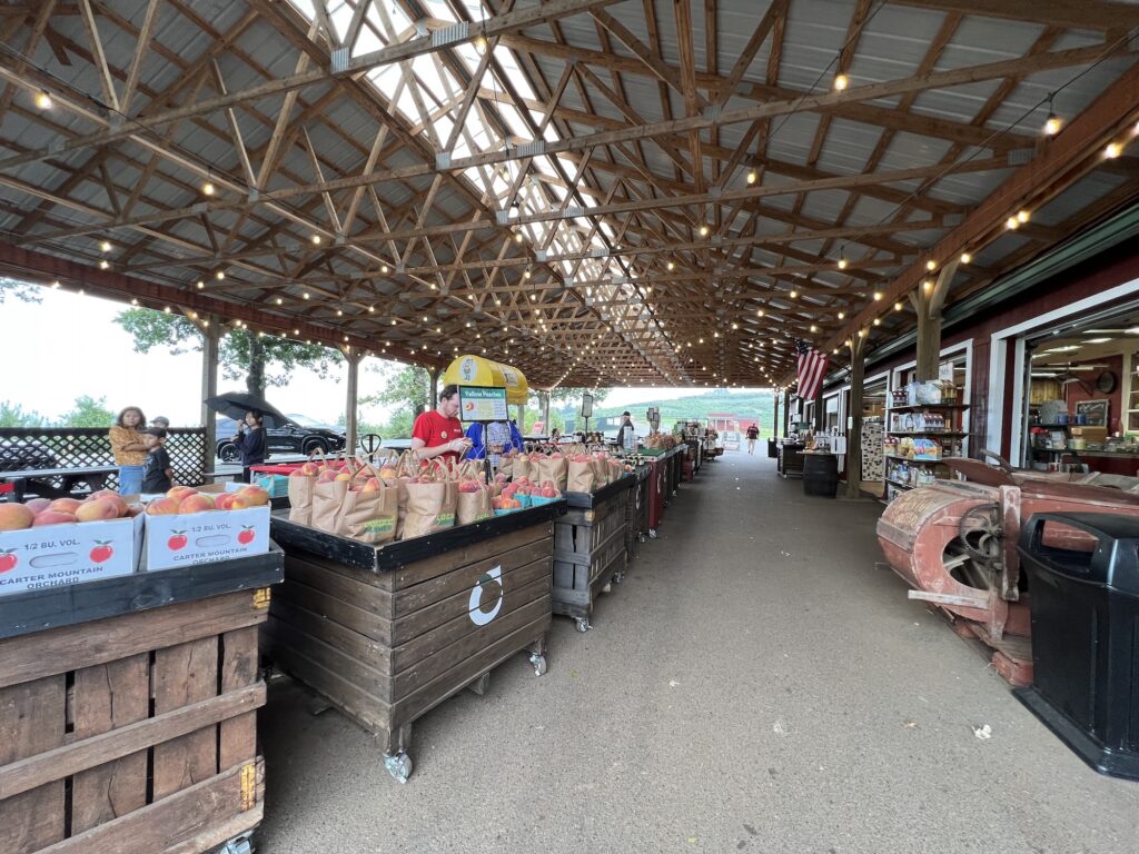 Covered outdoor market with wooden beams, bins of bagged goods, people shopping, produce stands, and an American flag near a shop entrance.
