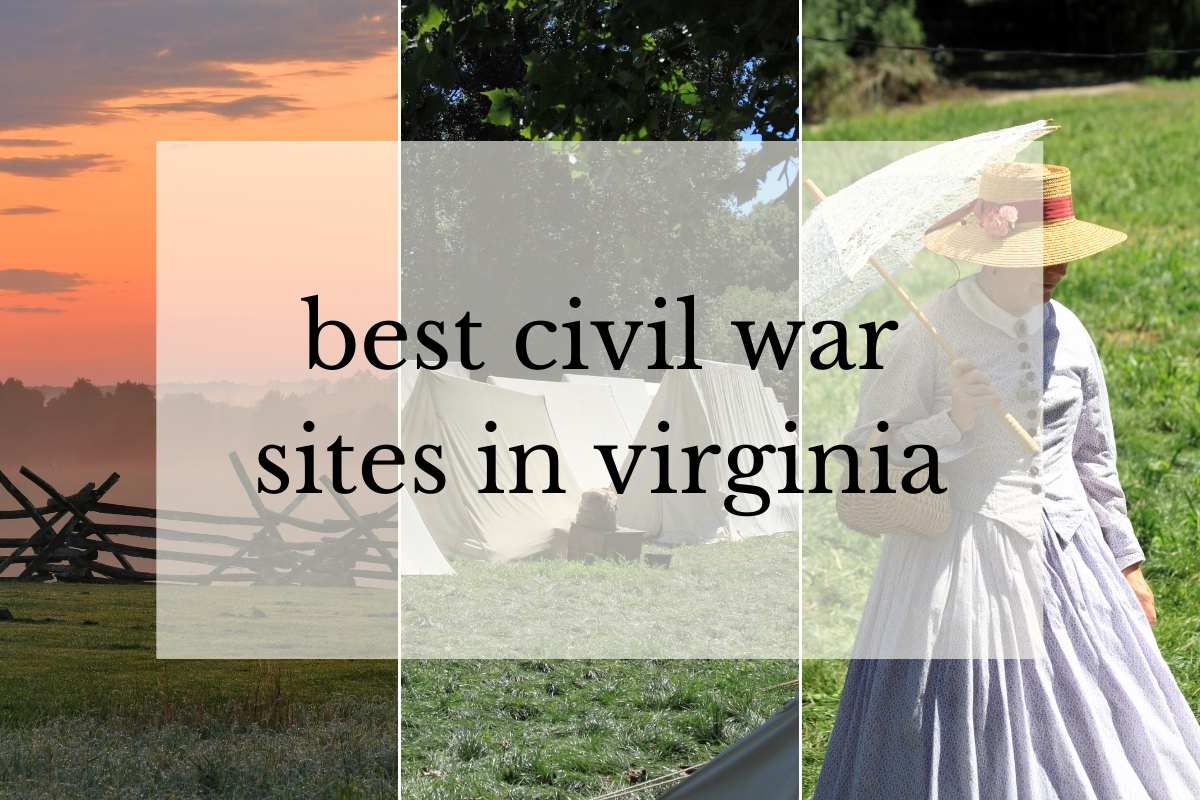 grid of battlefield at sunrise, soldier's tents, and woman in 19th century clothing
