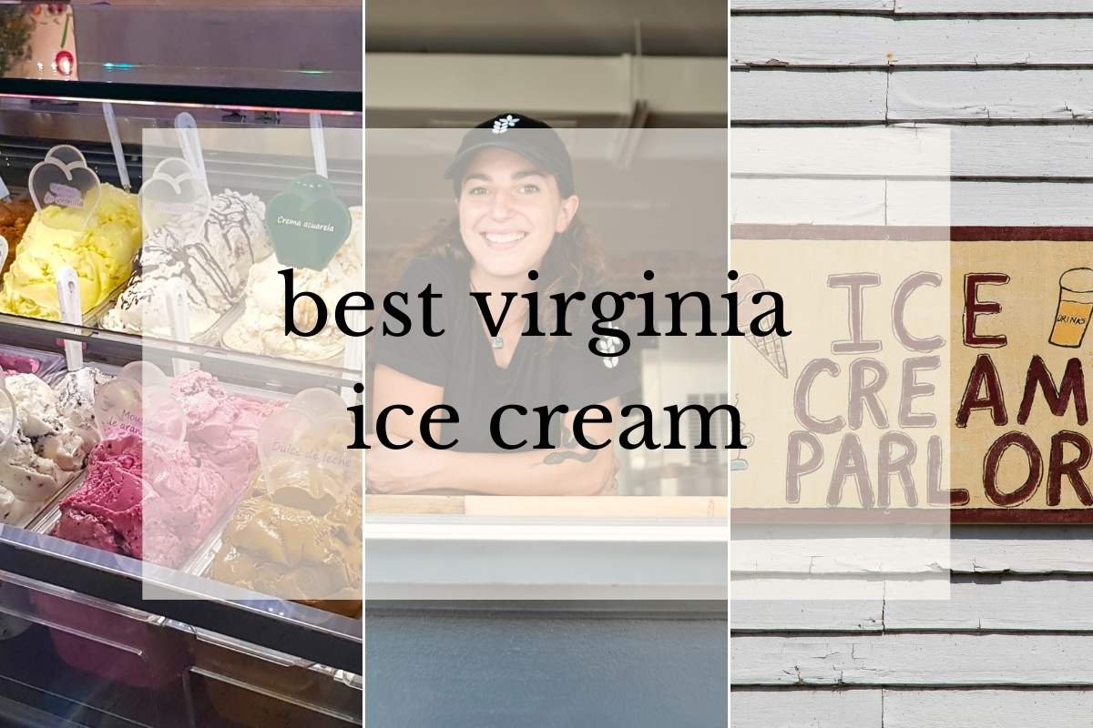 grid of ice cream case, worker in window, sign for parlor