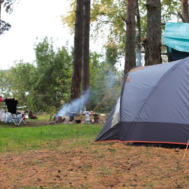 A gray tent is set up in a forest clearing near a lake. Smoke rises from a campfire, and camping chairs and a table are arranged nearby under tall trees.