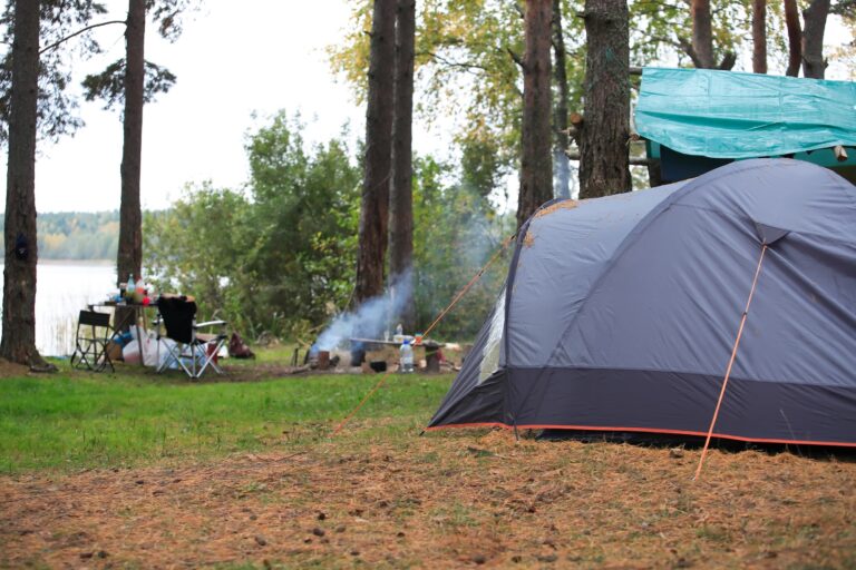 A gray tent is set up in a forest clearing near a lake. Smoke rises from a campfire, and camping chairs and a table are arranged nearby under tall trees.