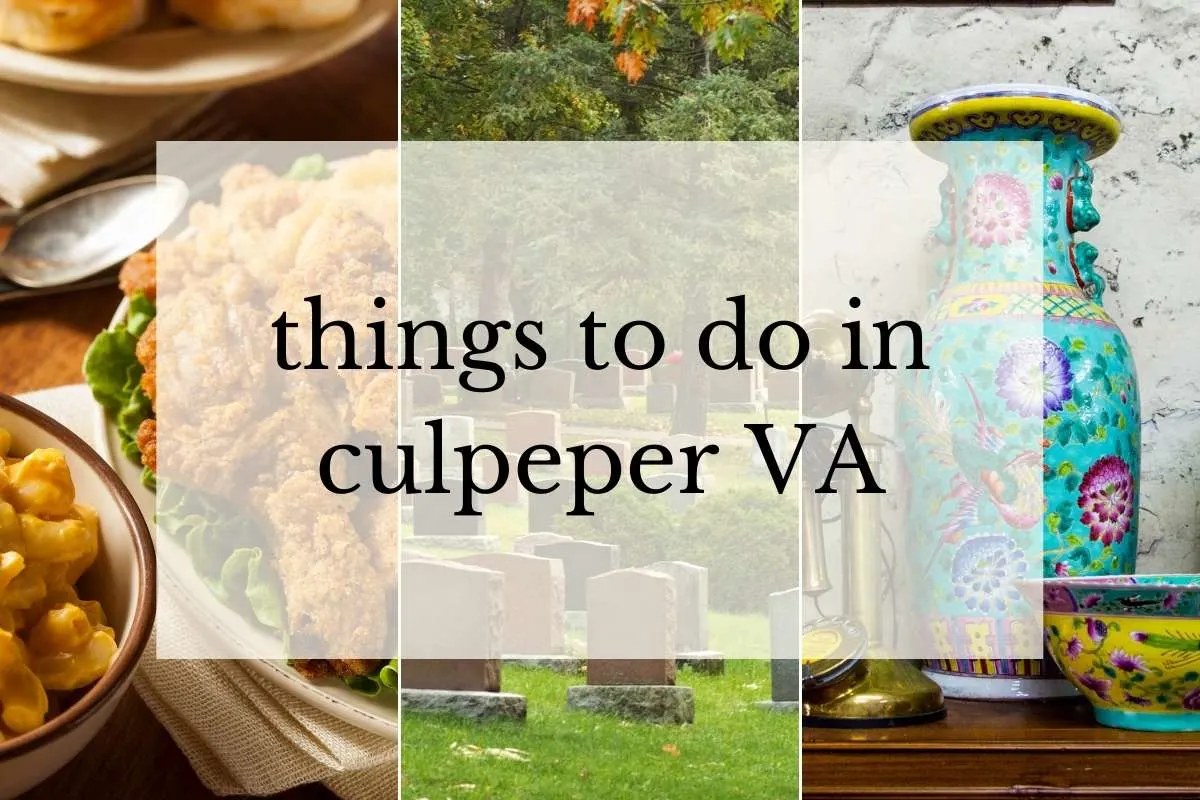 grid of fried chicken on plate, cemetery, and antiques