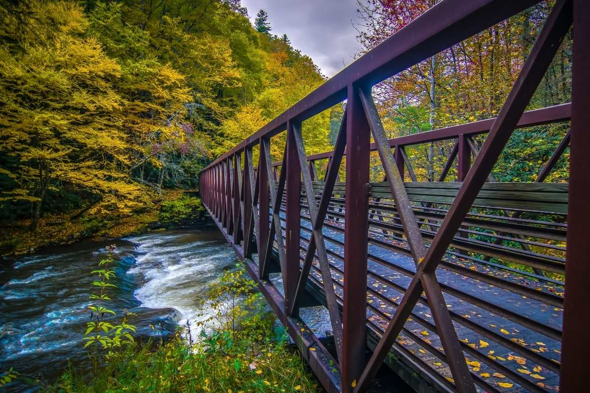 steel bridge over creek in fall