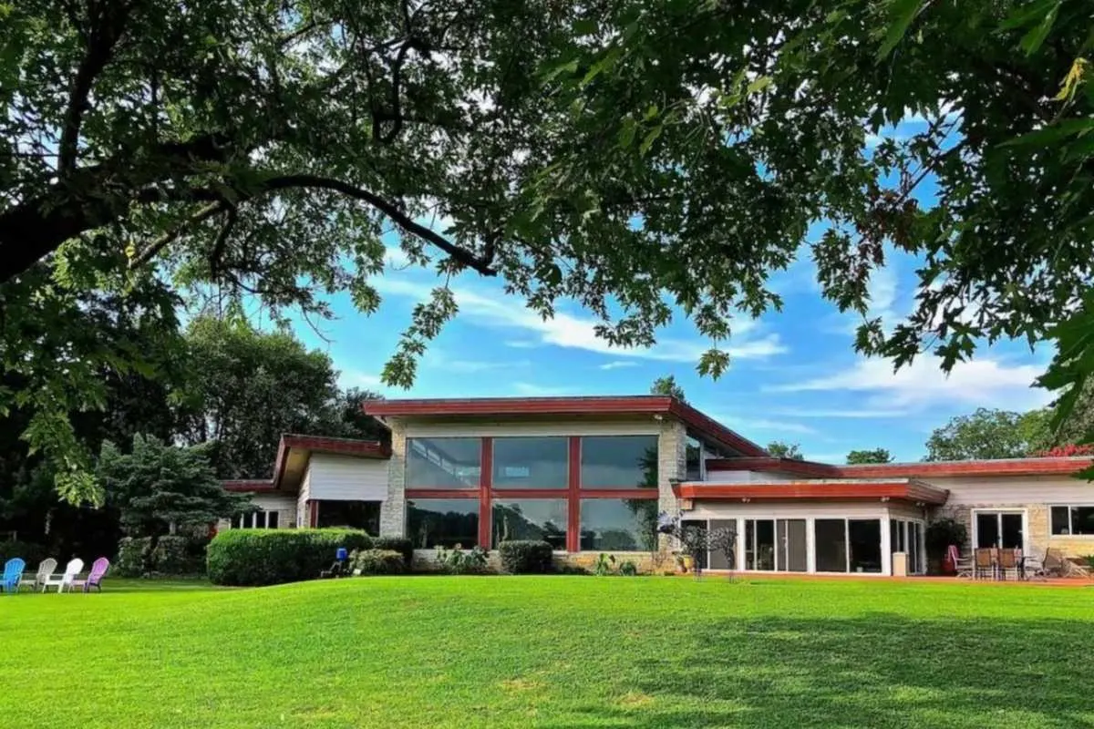 modern wedding venue building on green field