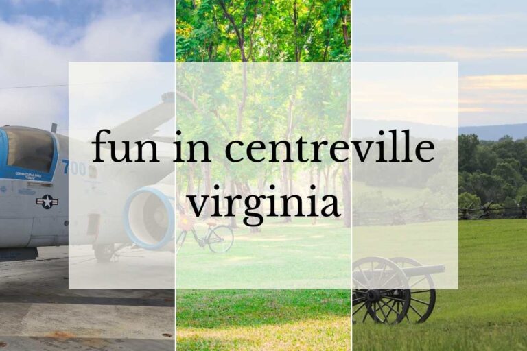 Collage of images featuring an aircraft, trees, a bicycle, and a cannon, with the text "fun in Centreville Virginia" overlayed in the center.