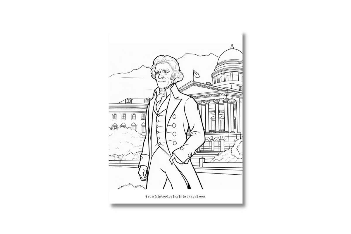 coloring page with thomas jefferson in front of UVA buillding