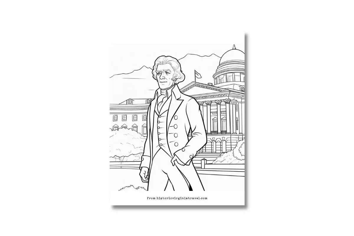 coloring page with thomas jefferson in front of UVA buillding