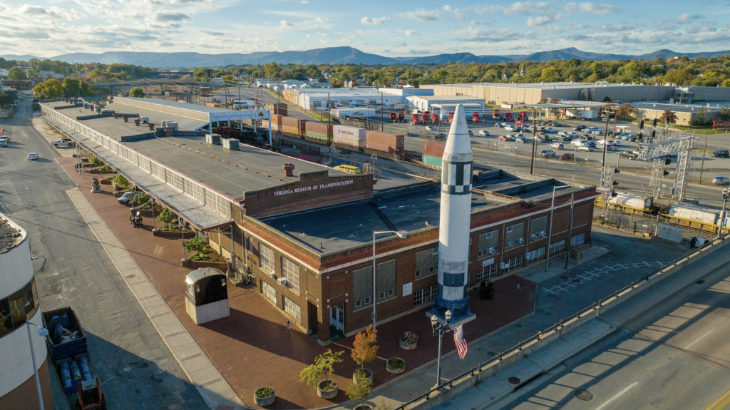 VA Museum of Transportation Exterior aerial image with rocket shown