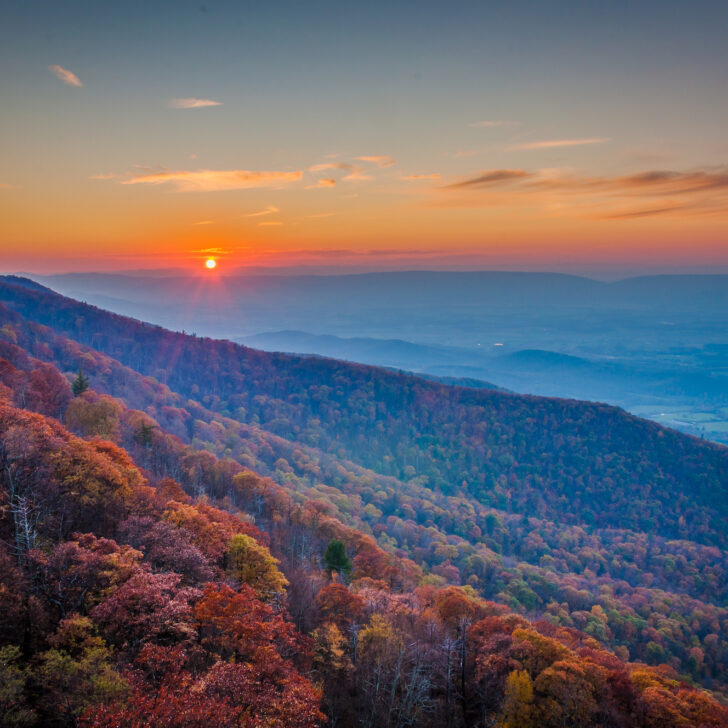 Fall color and sunset over the Shenandoah Valley, from Little Stony Man Cliffs, in Shenandoah National Park, Virginia.