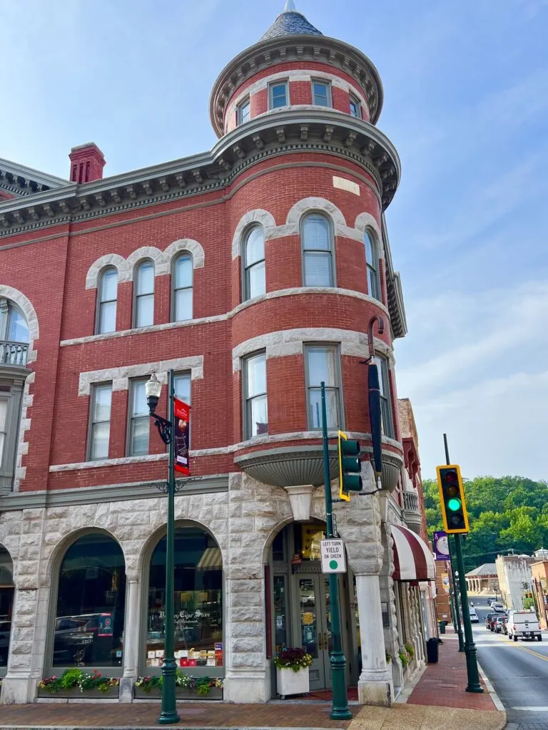 A red brick building located on the corner of a street in Staunton.