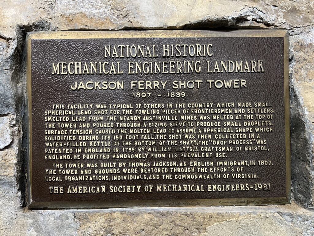 Plaque at the Jackson Ferry Shot Tower, located in the state park.
