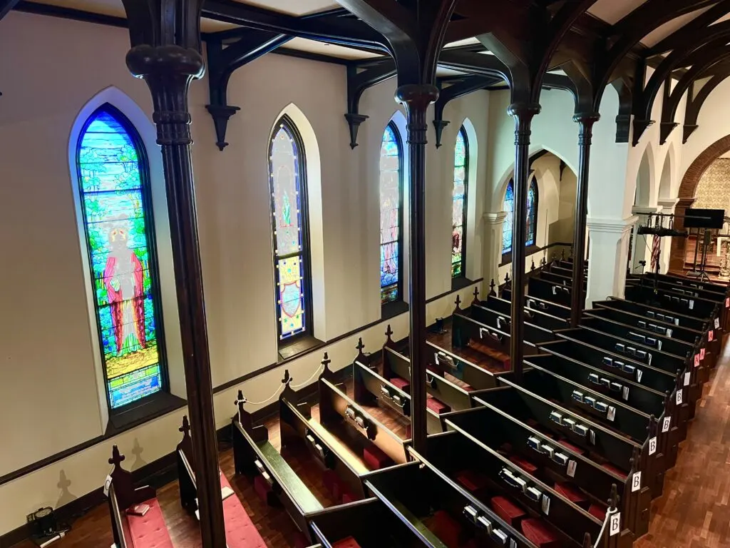 Church, wooden pews, stained glass windows, things to do in Staunton.