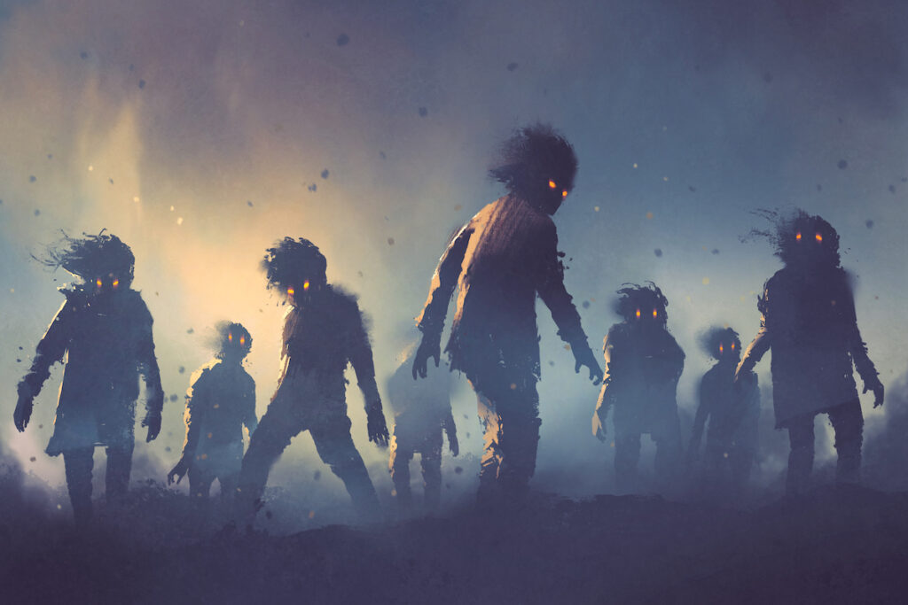A group of haunted zombies walking in a field.
