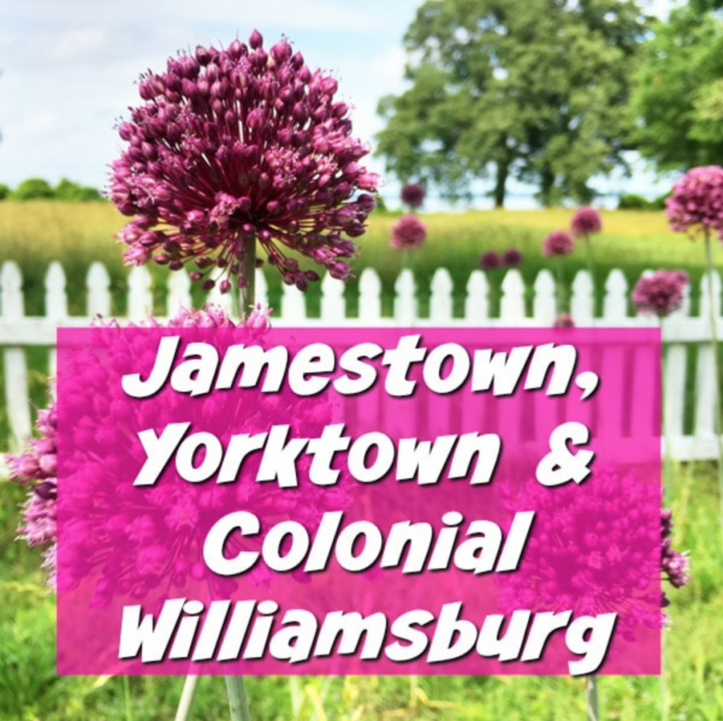 Purple flowers in front of a white fence with the words "Jamestown, Yorktown & Colonial Williamsburg" elegantly overlaid in pink.