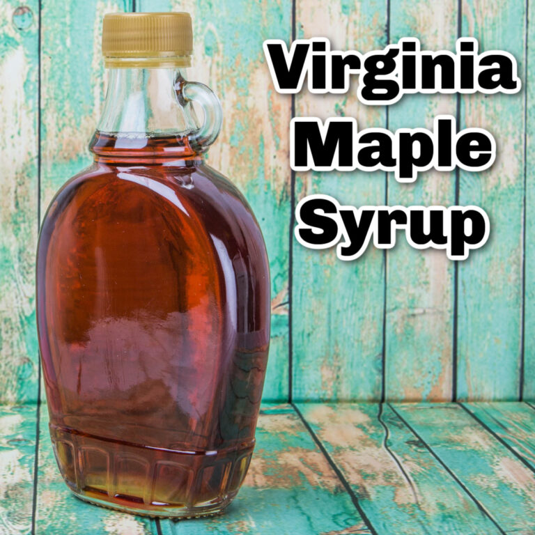 A glass bottle filled with maple syrup is placed on a wooden surface, with the text "Virginia Maple Syrup" in bold letters to the right.