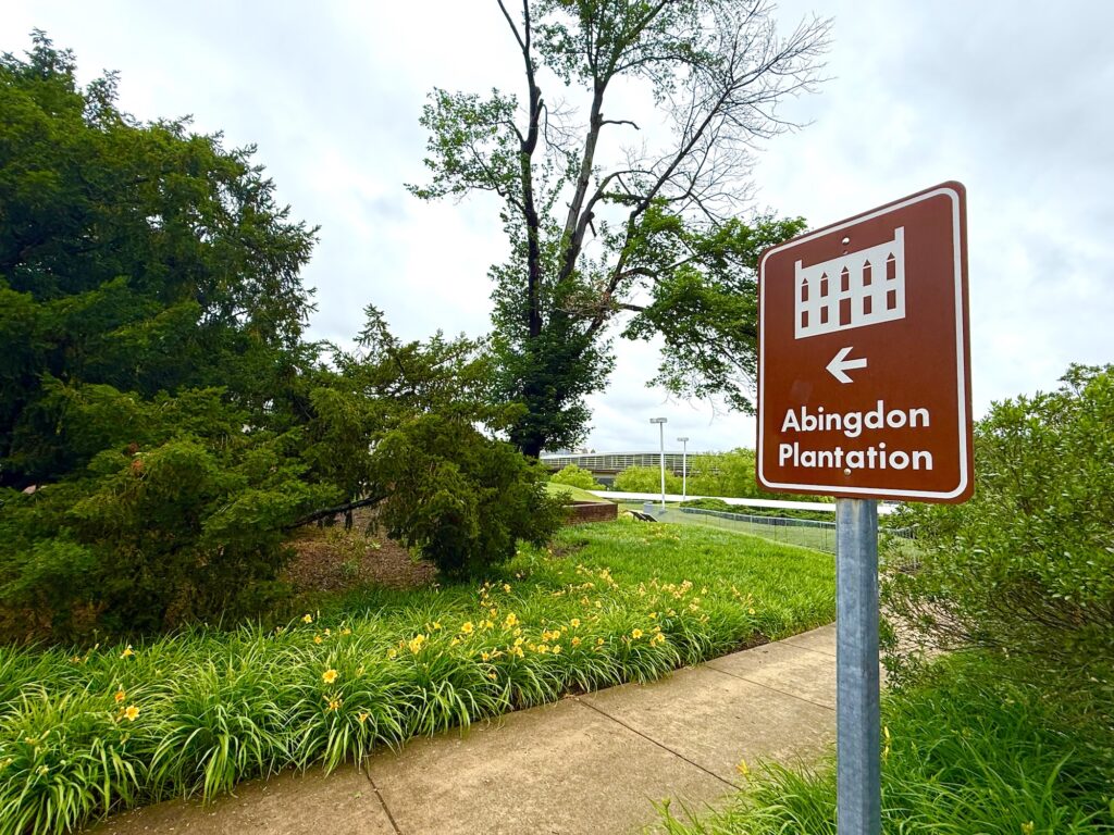 A brown Abingdon Plantation sign with an arrow points left, standing beside a sidewalk lined with green plants and yellow flowers beneath a cloudy sky.