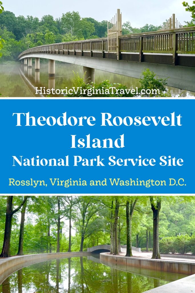 A footbridge spans a river with trees on both banks; below, a curved path winds through a lush green park on Theodore Roosevelt Island.