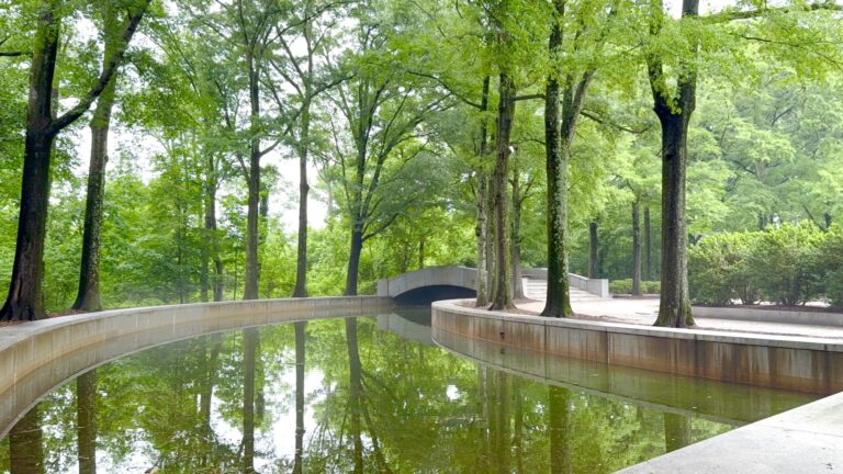 A curved canal bordered by trees reflects the greenery, with a small concrete bridge crossing over the water in a quiet park setting.